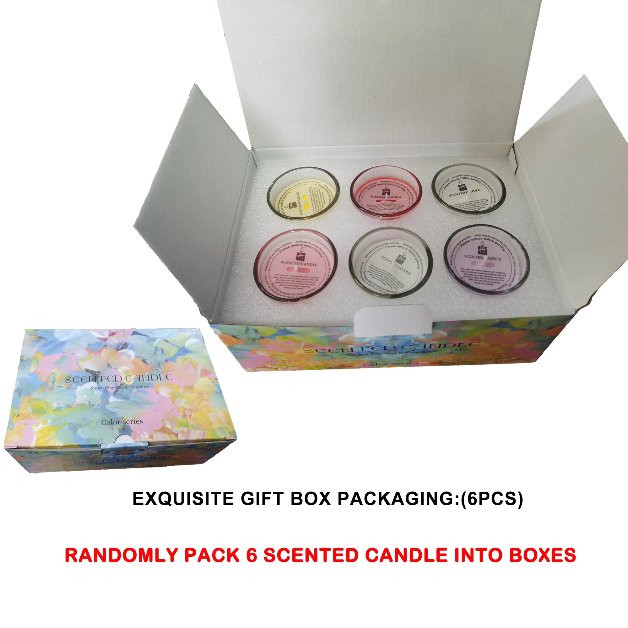 Aromatherapy candle gift box (6 pcs) open top view with candle jar lids and labels