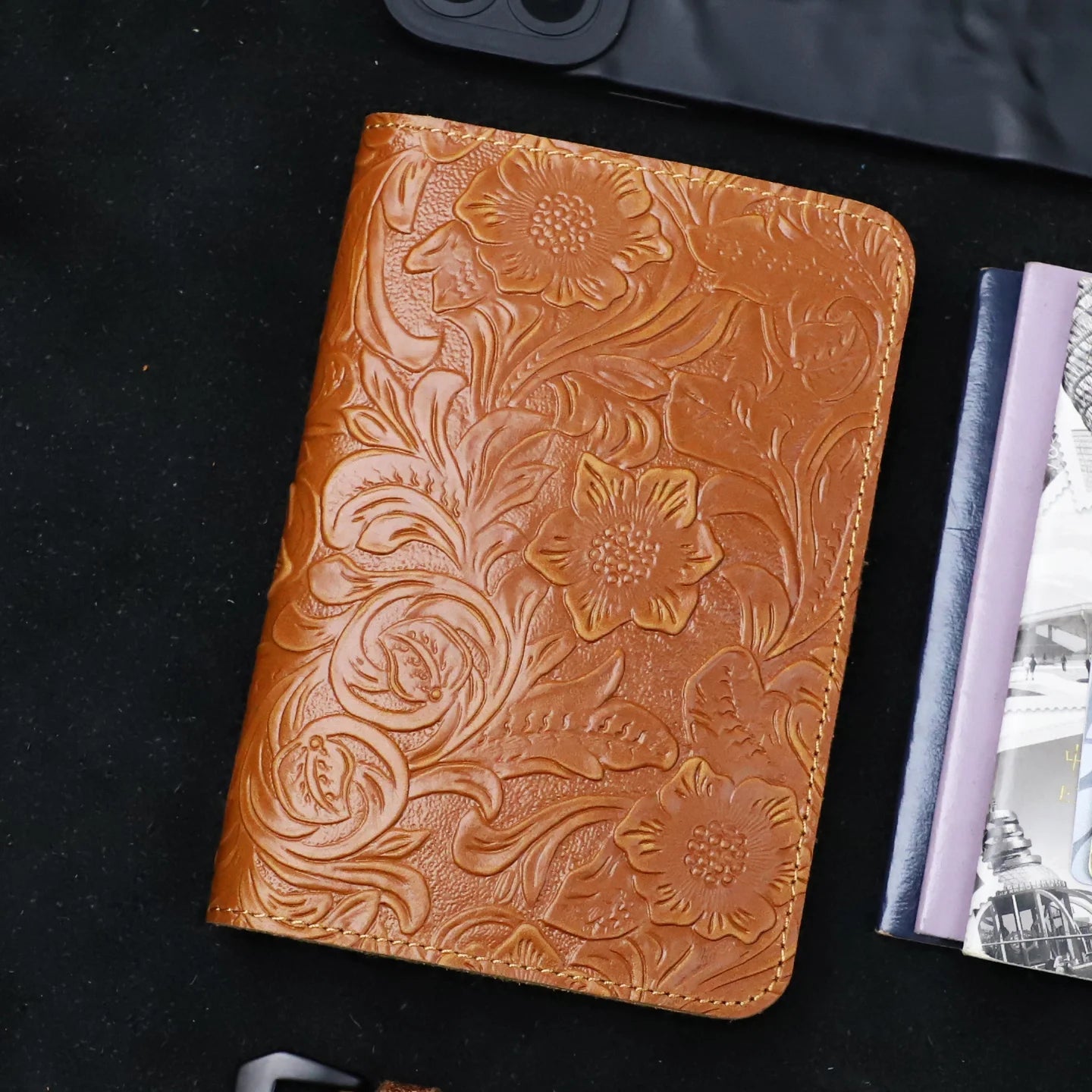 Leather travel folio with embossed floral pattern, burnt sienna, slim cover