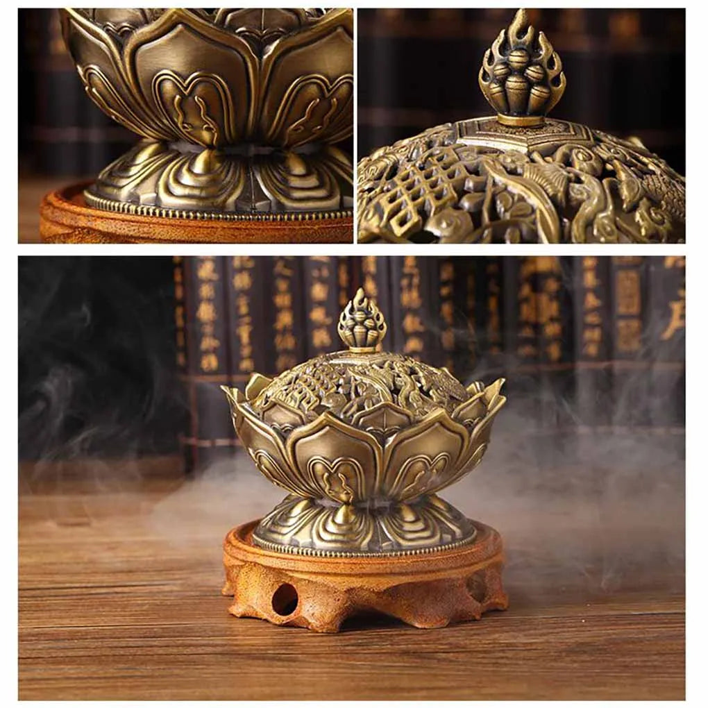 Antique bronze lotus incense burner, top and front views with ornate petal design