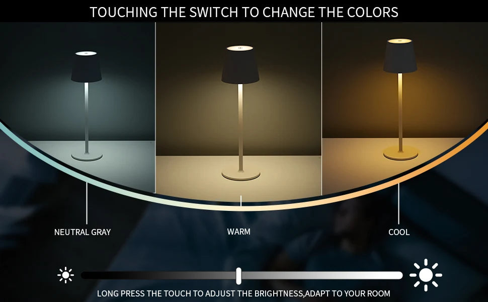 Wireless touch table lamp showing cool, neutral, and warm light modes by touch control