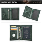 Green leather passport wallet with zipper, card slots, and round AirTag window