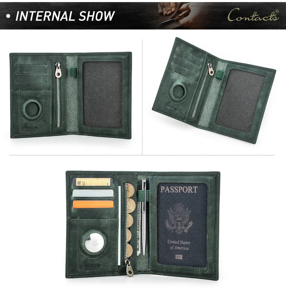 Green leather passport wallet with zipper, card slots, and round AirTag window