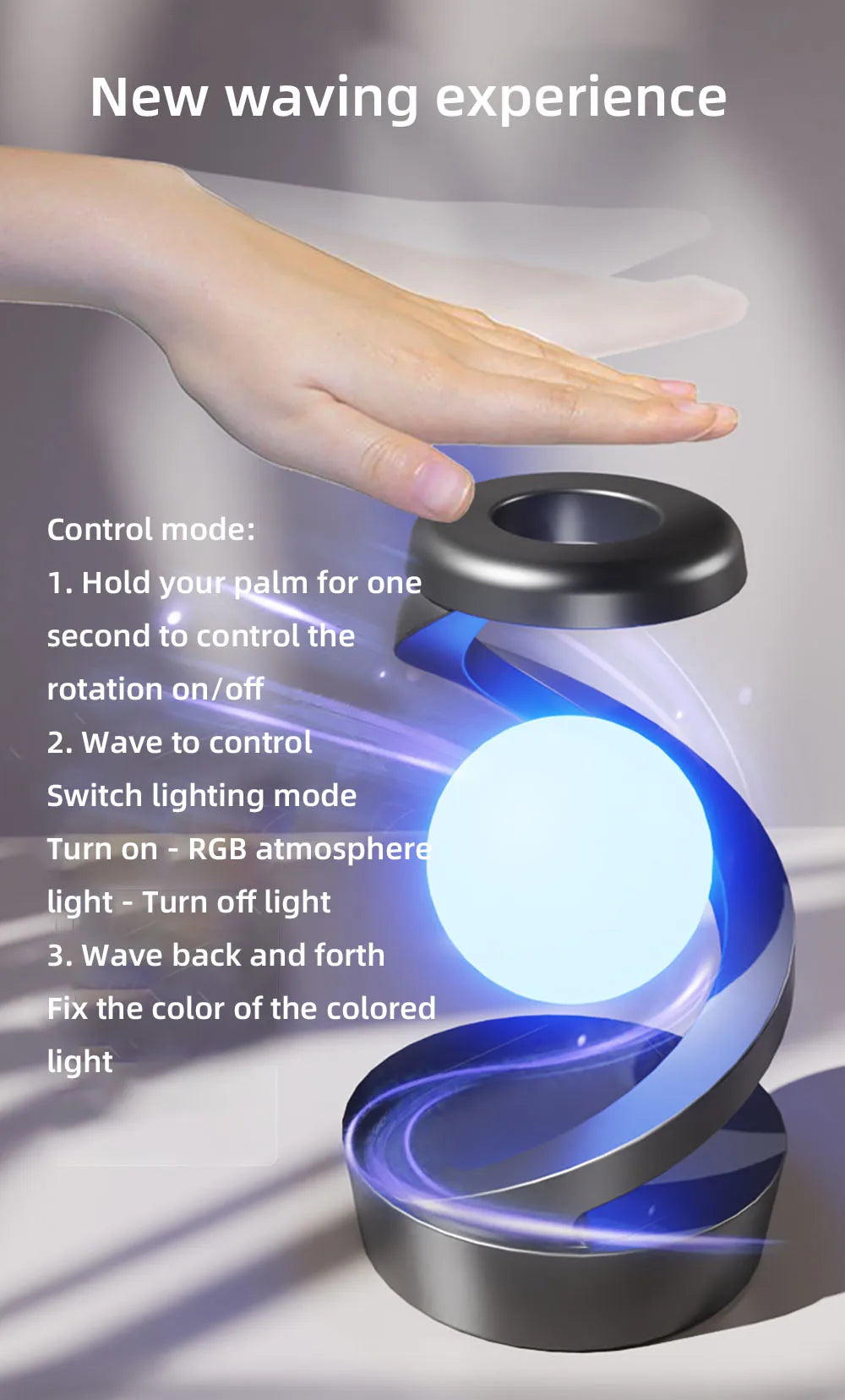 Hand controls RGB wireless charging lamp with blue glow and bright white orb on base
