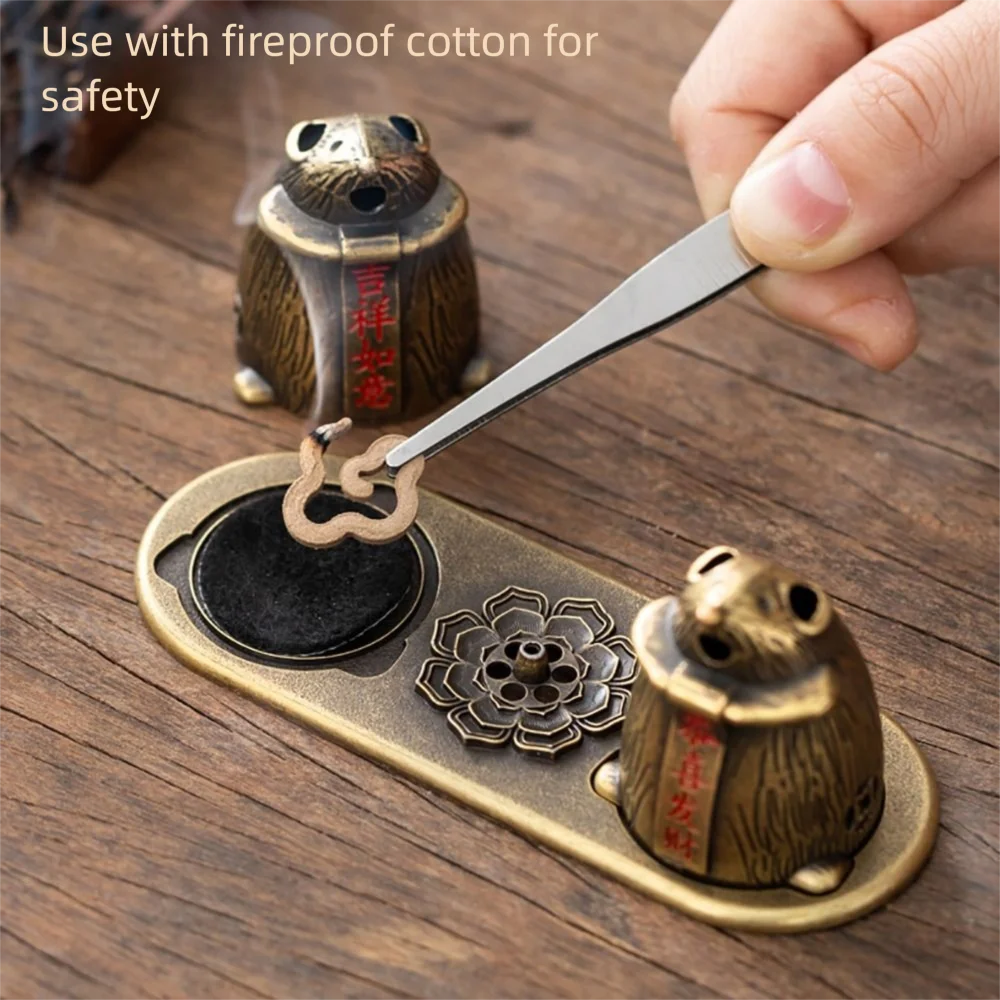 Bronze incense holder tray with cat burners and lotus-style engraved plate