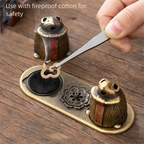 Bronze incense holder tray with cat burners and lotus-style engraved plate