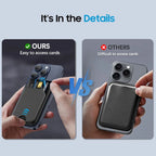 2-in-1 MagSafe wallet stand on phone, card pocket accessible, dark leather case