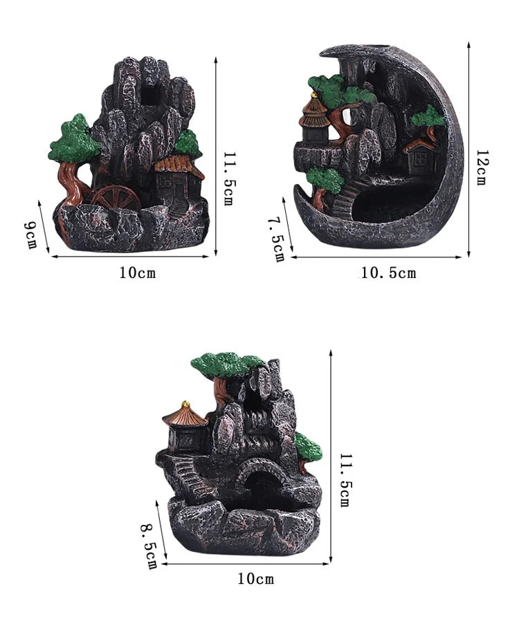 Resin waterfall incense burner product sizes: 10cm, 12cm, 11.5cm height/width/depth diagrams