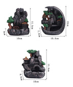 Resin waterfall incense burner product sizes: 10cm, 12cm, 11.5cm height/width/depth diagrams
