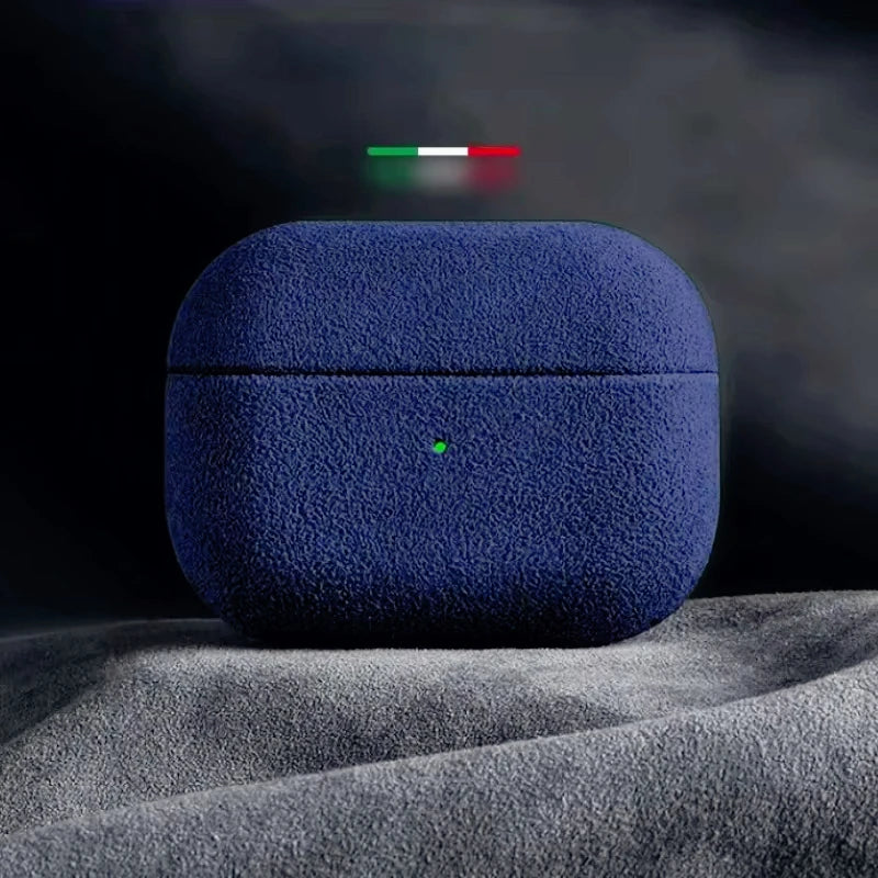 Italian suede AirPods case, sapphire blue finish with central button cutout