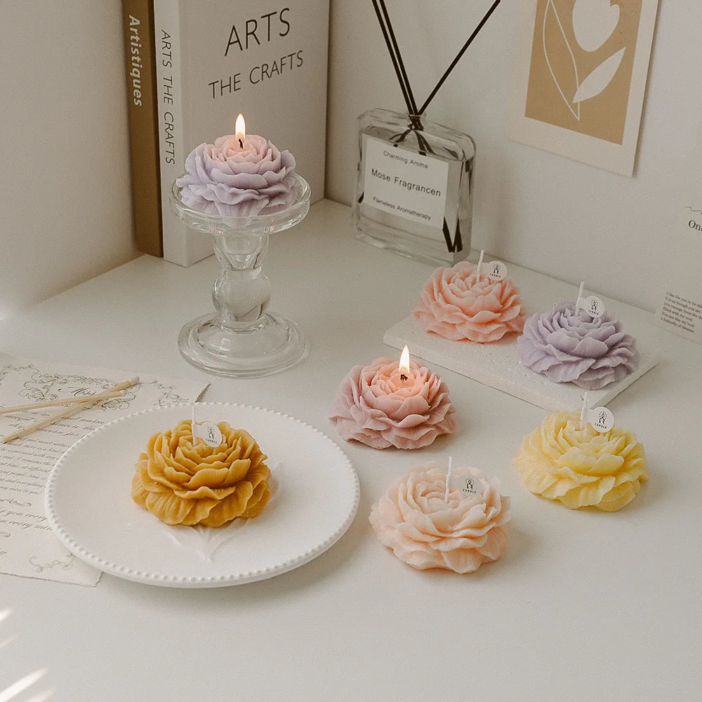 Peony sculptural candles assortment in pale yellow, peach, pink, and lavender with wicks