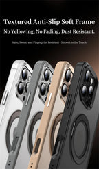 Textured phone cases with rotating MagSafe rings and camera cutouts, multiple colors