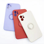 Silicone MagSafe phone cases in lilac, red, and cream, each with a circular MagSafe ring