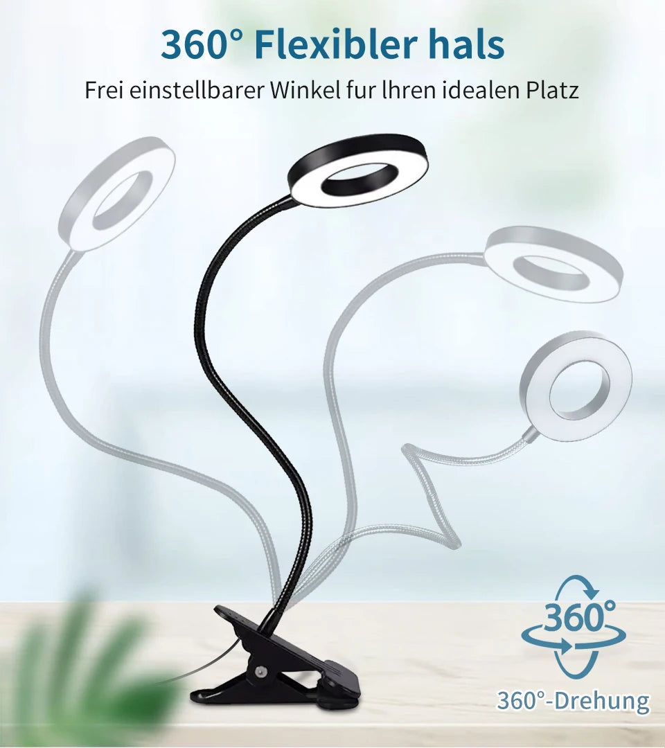 Black ring light reading lamp with 360° flexible gooseneck and clip-on base