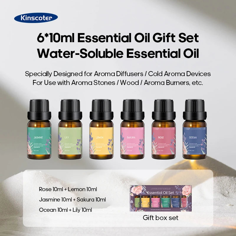 6x10 ml essential oil gift set for aroma diffusers, water-soluble oils