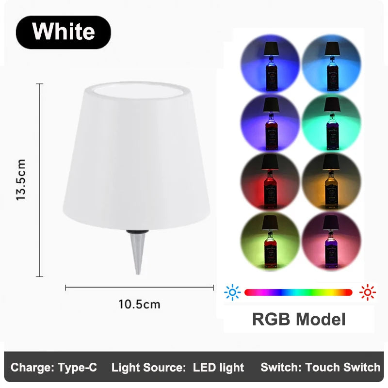 White outdoor LED bottle lamp with tapered shade, RGB color-changing light