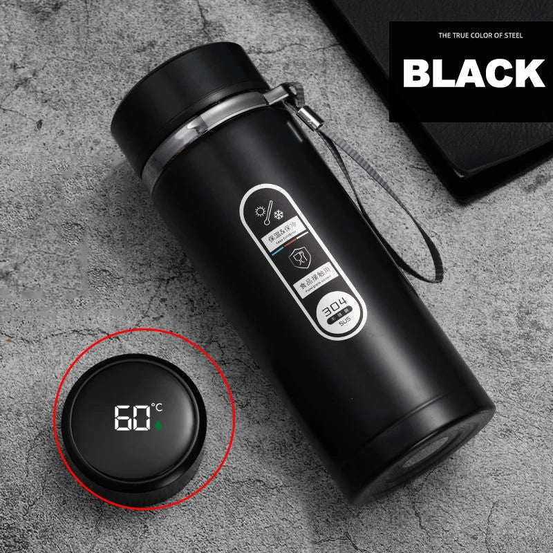 Black LED thermos flask with strap and 60°C digital display