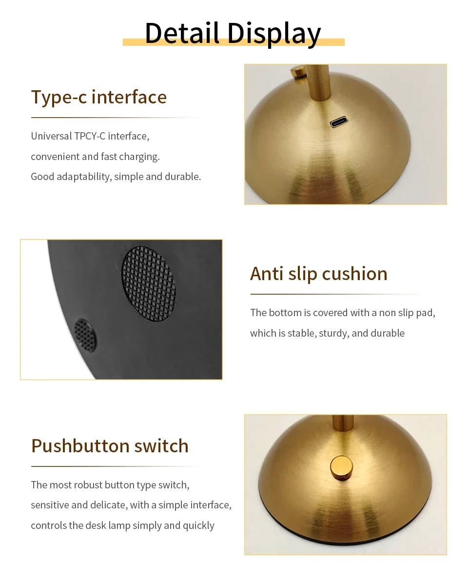 Cordless dimmable lamp detail closeups: Type-C charging port and pushbutton switch