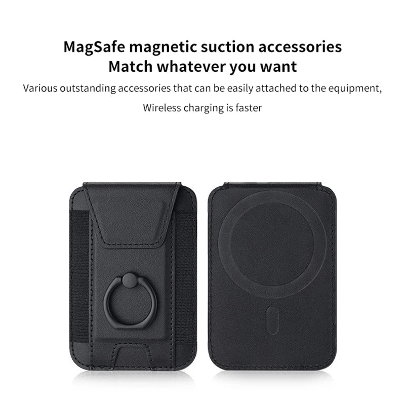 Black magnetic card wallet with ring holder and back panel
