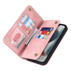 Blush pink kickstand MagSafe wallet with card slots and phone screen showing