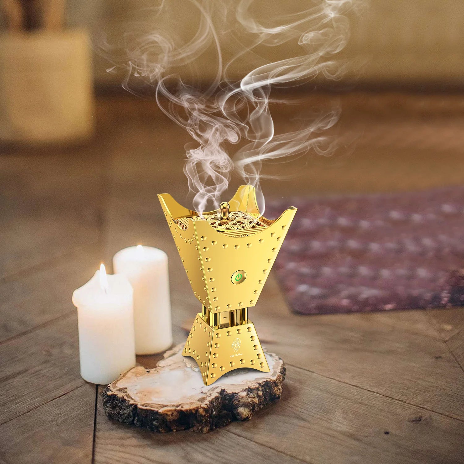 Gold electric incense burner on round wood base with candlelight and smoke