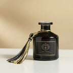 Hotel reed diffuser set, 50ml amber glass bottle with black cap and gold tassel
