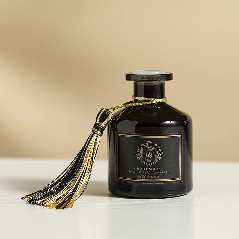 Hotel reed diffuser set, 50ml amber glass bottle with black cap and gold tassel