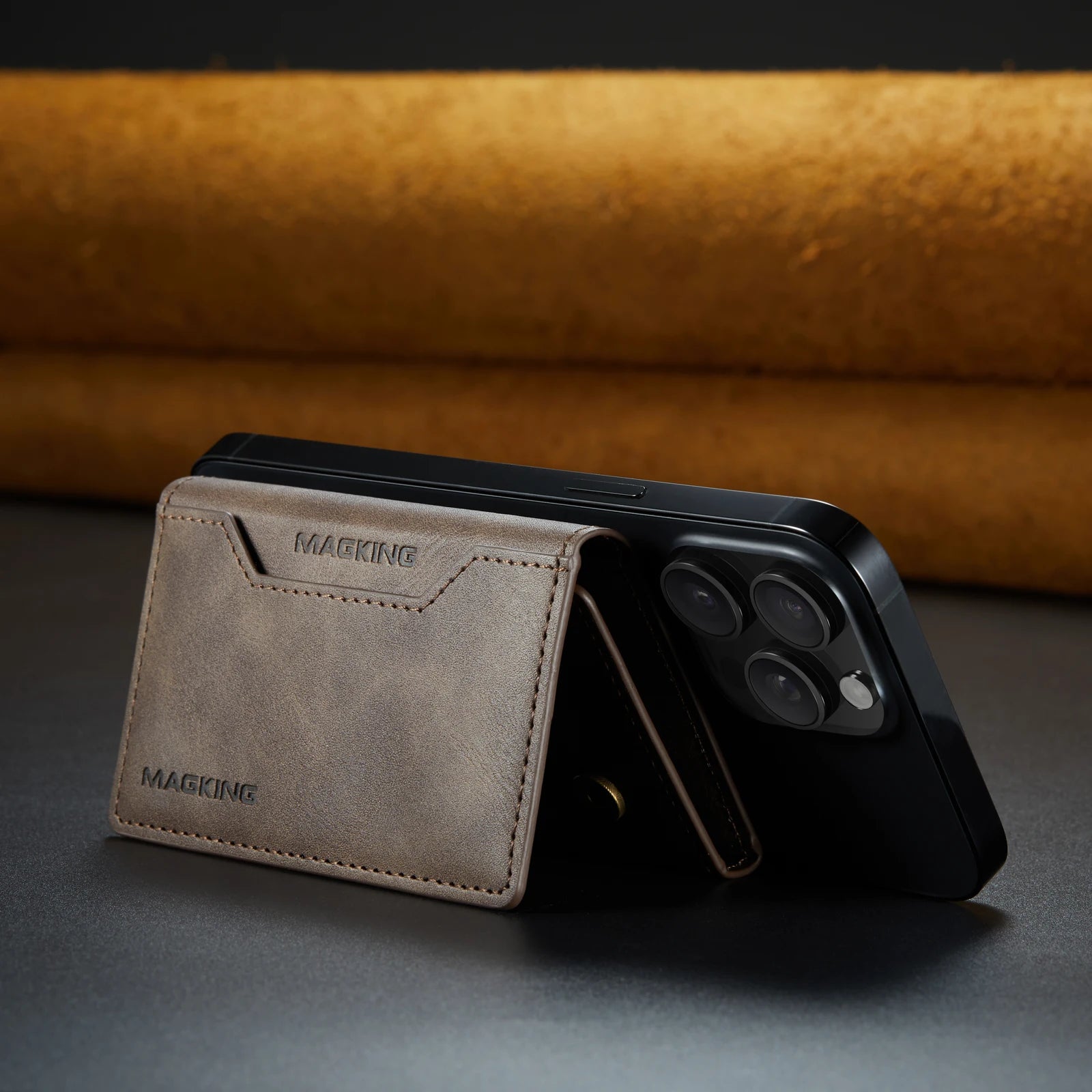 Gray slim leather wallet with card opening and embossed branding