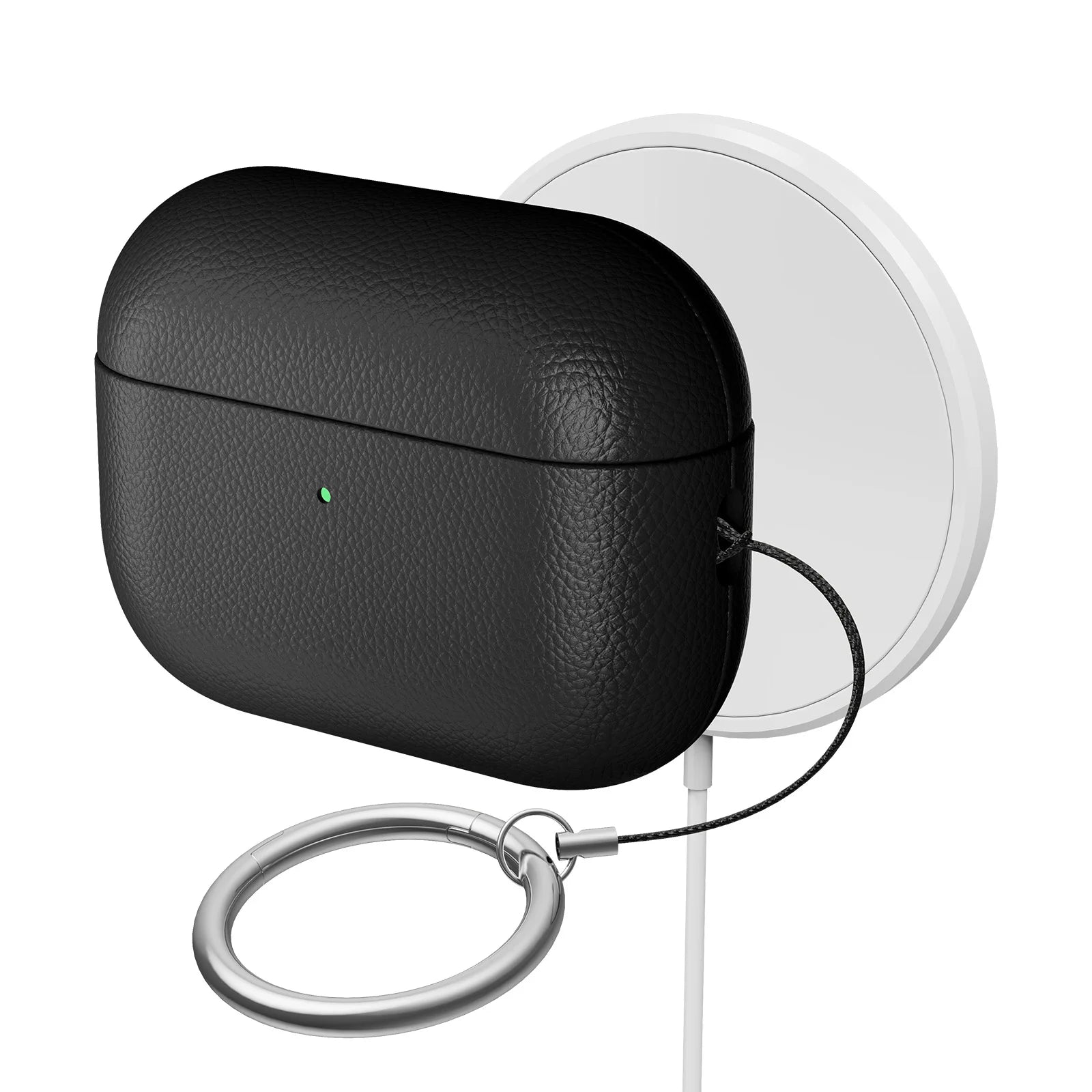 Obsidian leather AirPods case with keychain, side profile