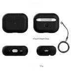 Black leather AirPods case layout with keyring ring and size/dimension view