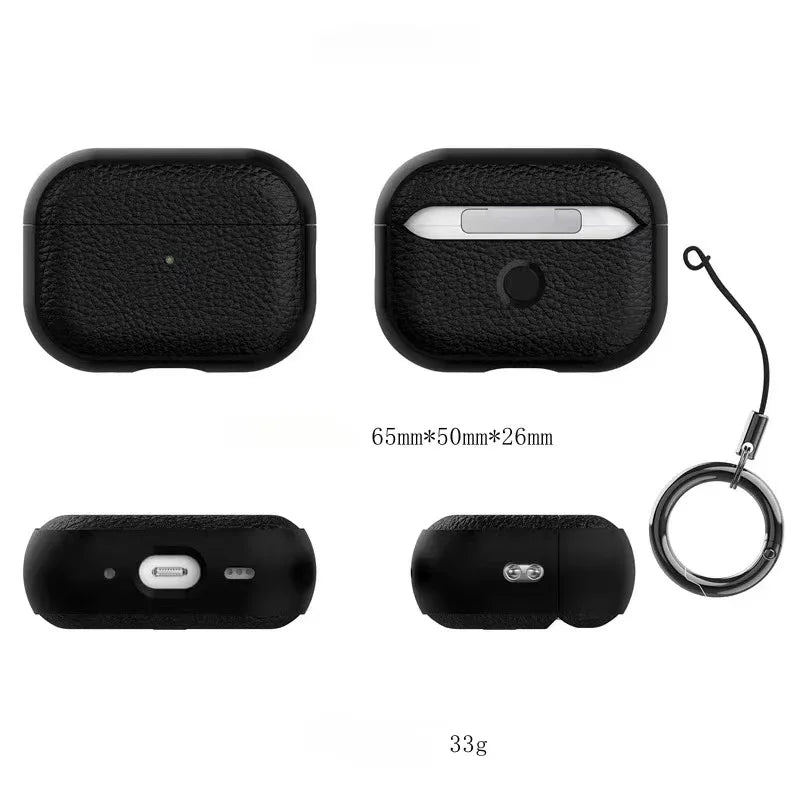 Black leather AirPods case layout with keyring ring and size/dimension view
