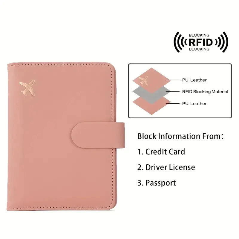 Blush pink passport wallet with airplane emblem and RFID blocking material panel