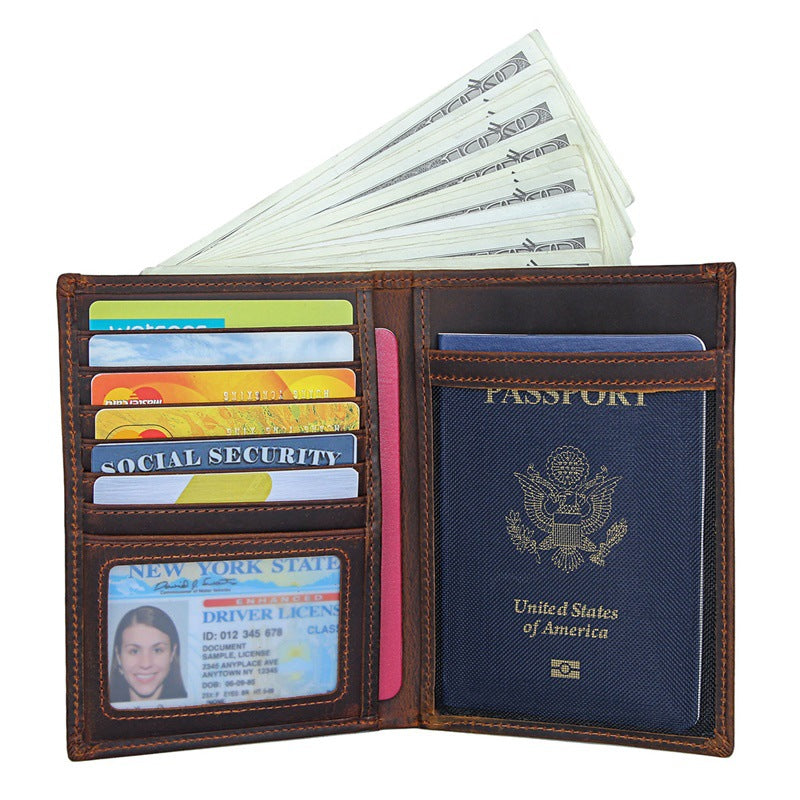 Compact travel document wallet open, holding passport and cards in dark brown