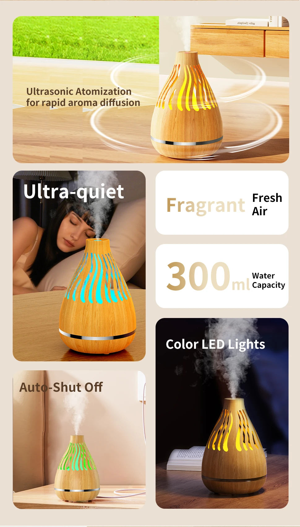 Wood grain aroma diffuser with LED mist vents and visible mist, 300 ml capacity.