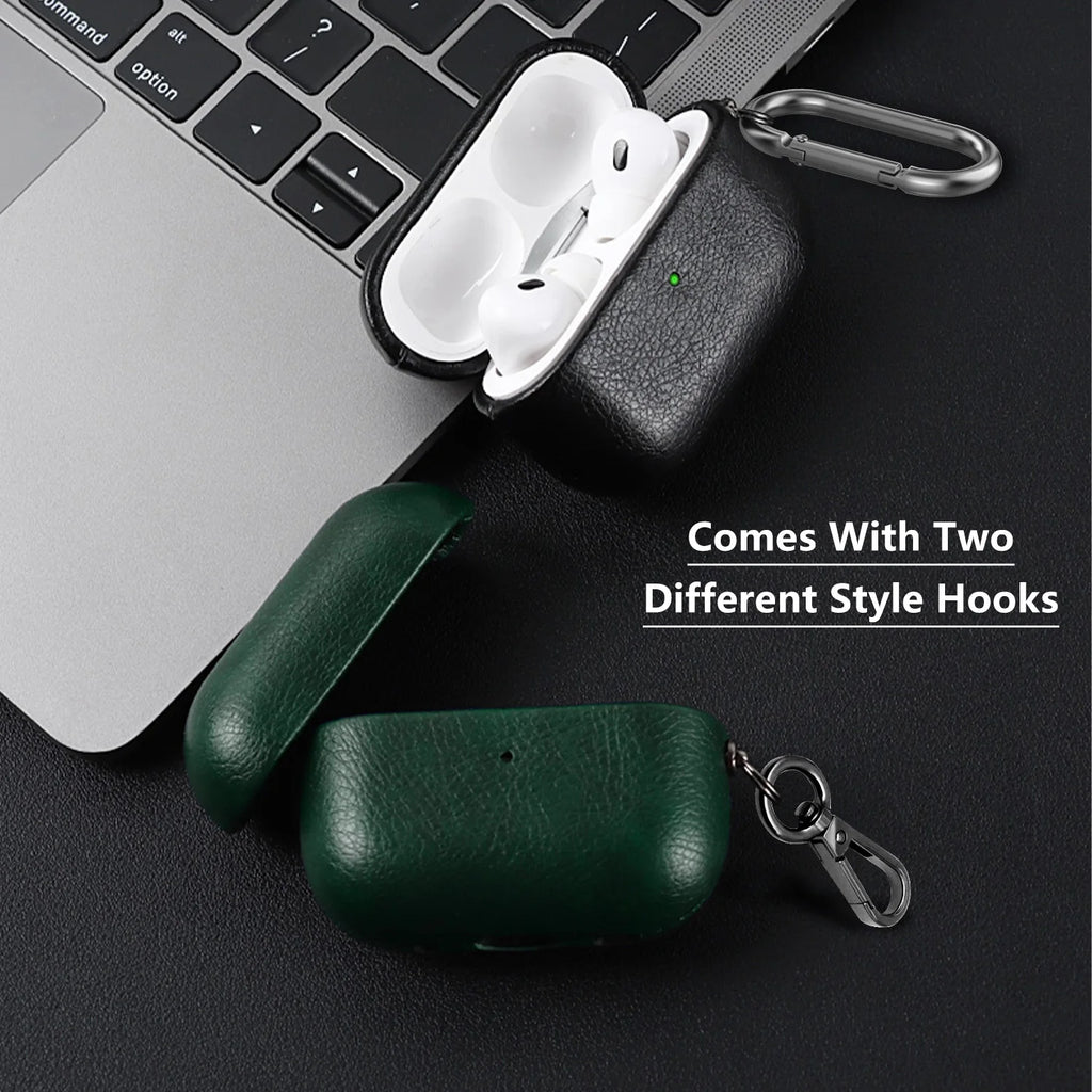 Deep green leather AirPods Pro case with two style hook attachment and metal carabiner loop