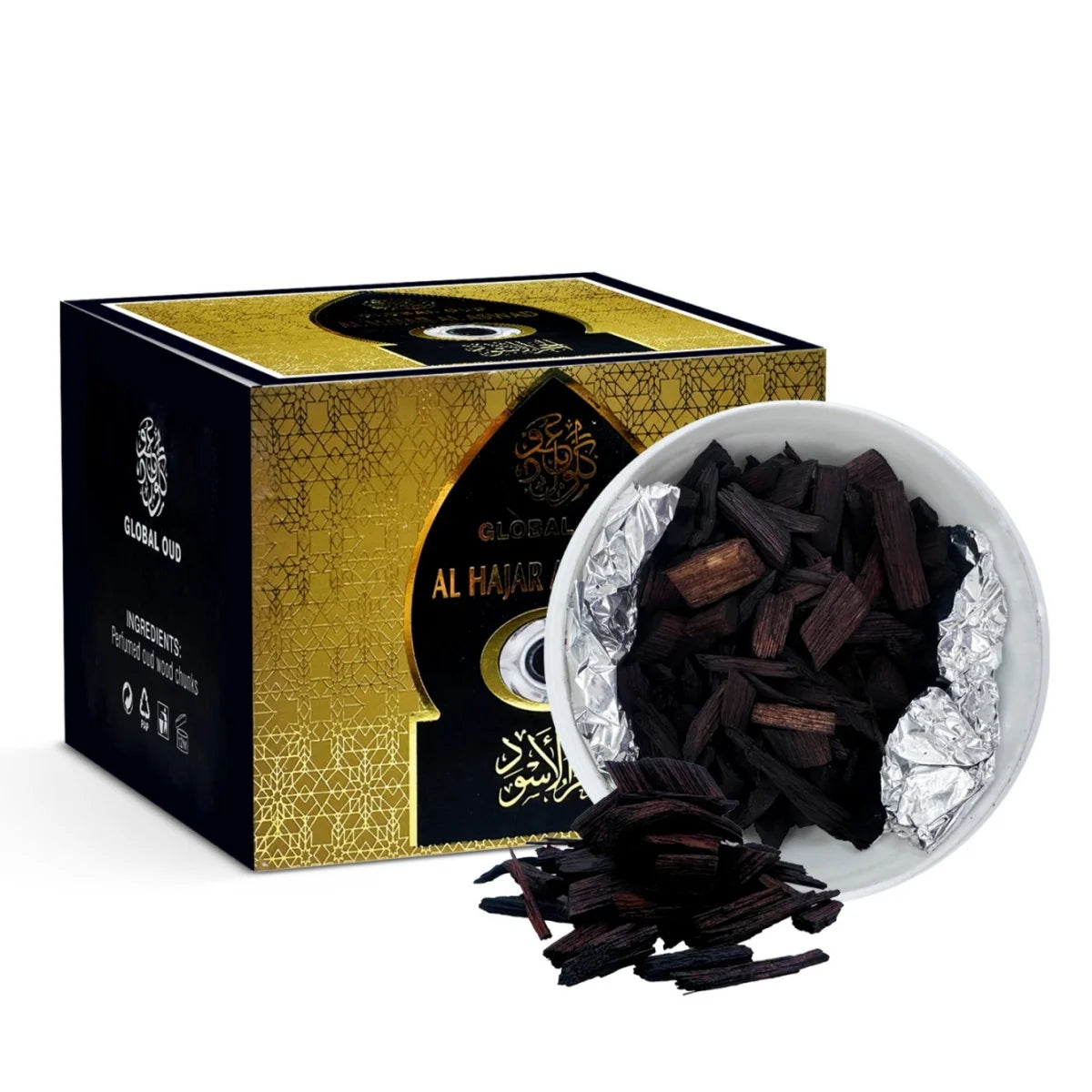 Incense wood chips in a foil-lined dish with a gold oud box