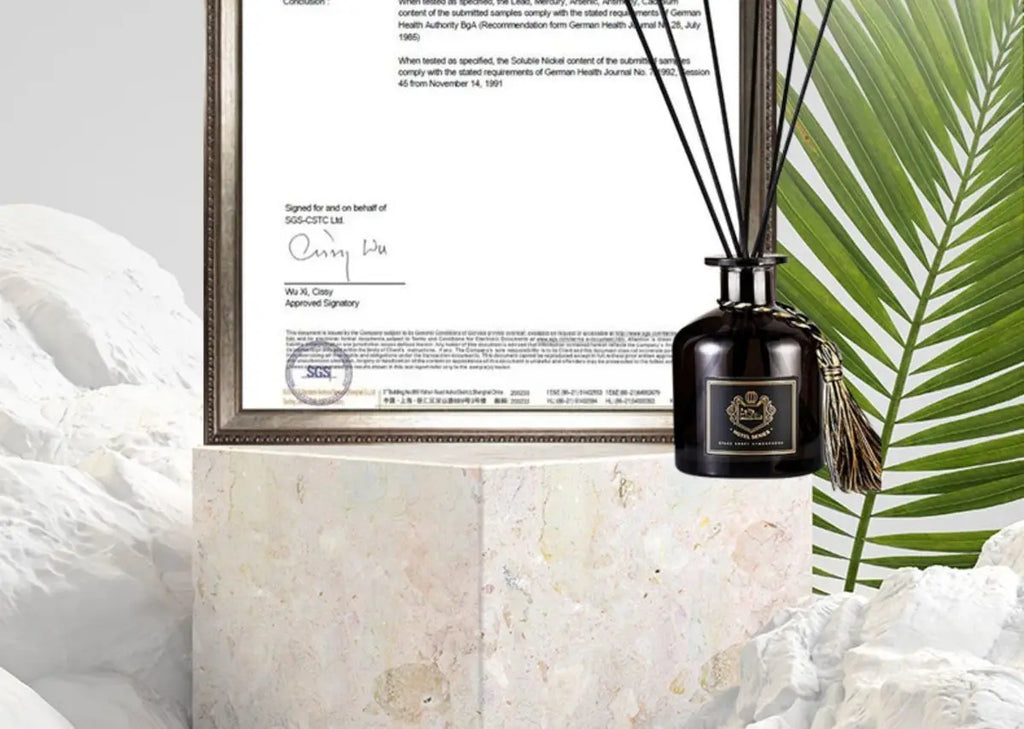 Reed diffuser bottle with reeds beside SGS document frame, 50ml