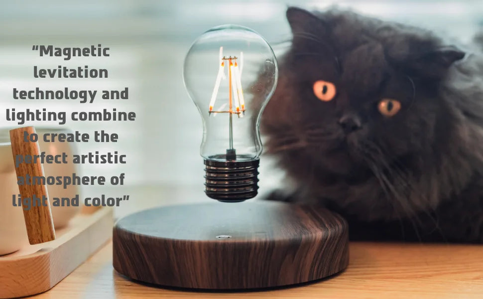 Glowing LED bulb levitating above dark wood base on desk near a cat