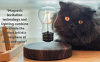 Glowing LED bulb levitating above dark wood base on desk near a cat