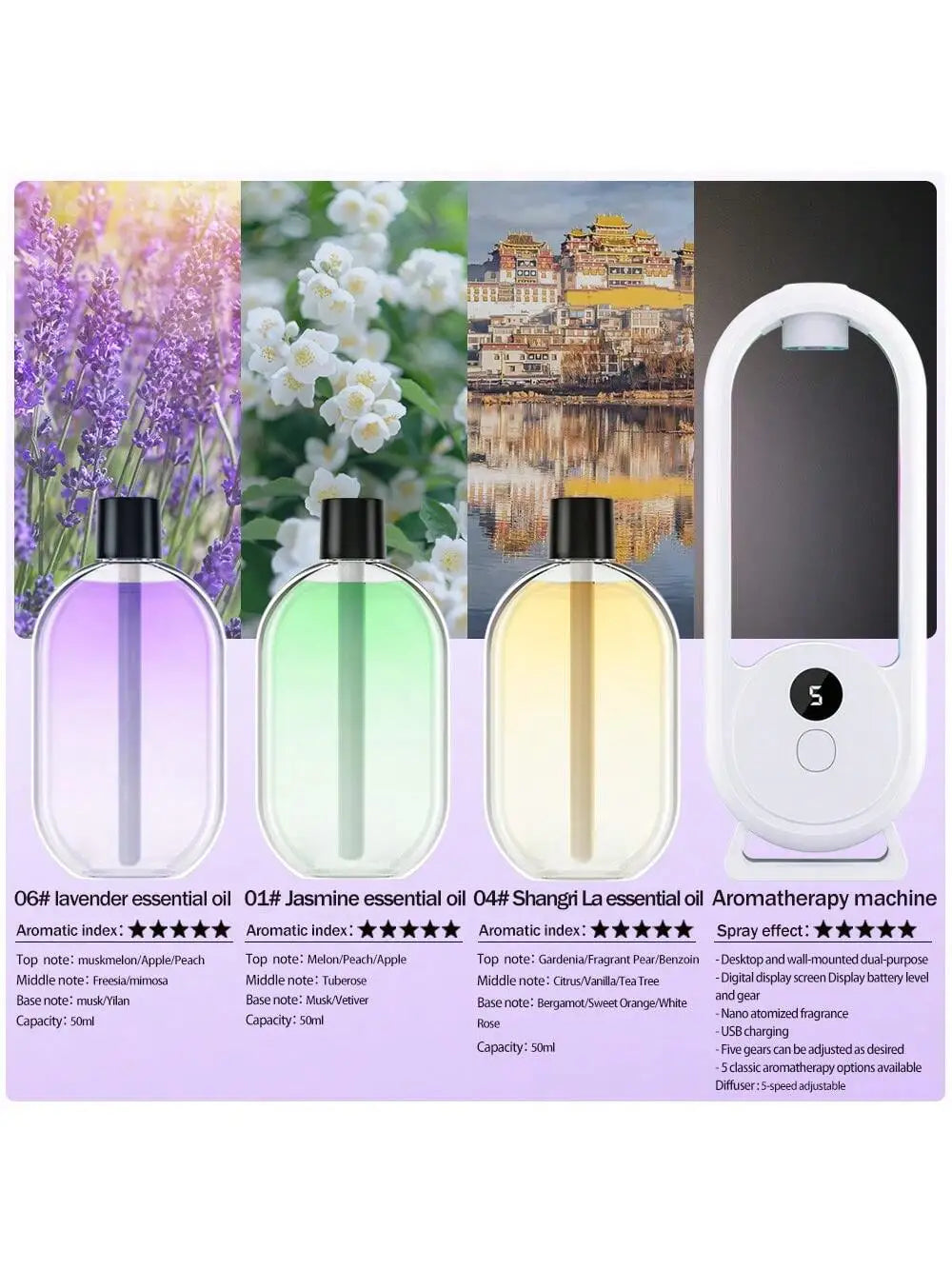 Lavender, green, and yellow essential oil refill bottles with portable aroma diffuser