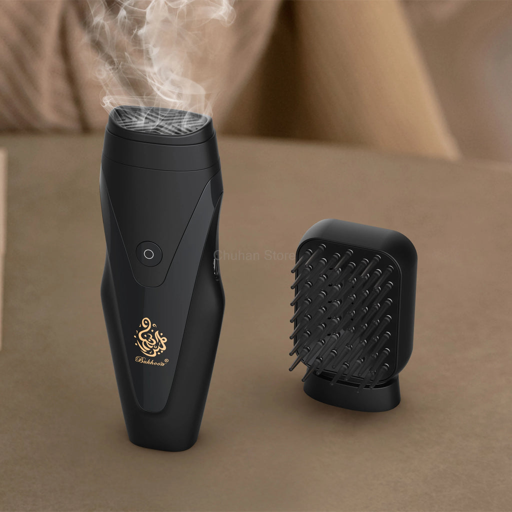 Black electric hair bakhoor diffuser with comb-style heat plate, vapor rising from top