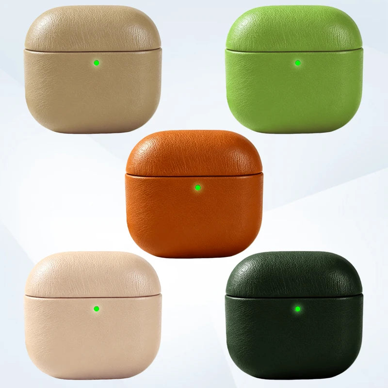 Assorted eco leather AirPods cases in pearl white, khaki, emerald green, dark green, and warm brown