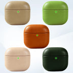 Assorted eco leather AirPods cases in pearl white, khaki, emerald green, dark green, and warm brown