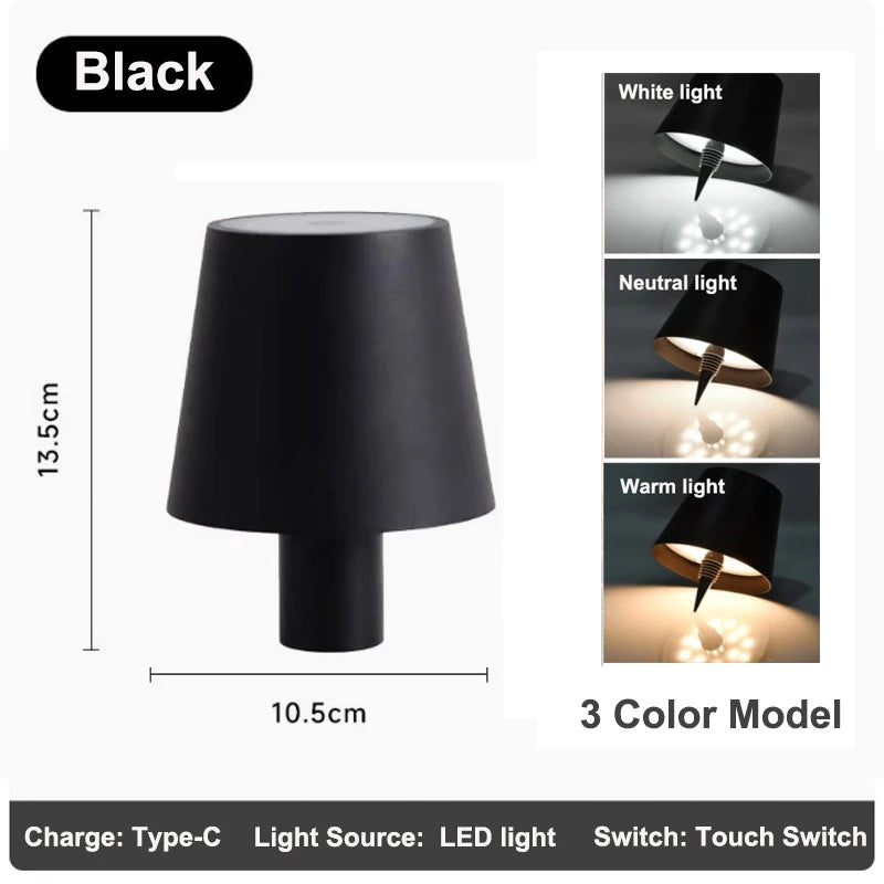 Black outdoor LED bottle lamp with tapered shade, 3 color light modes
