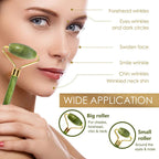 Green jade face roller on cheek with gold frame and rounded stone head