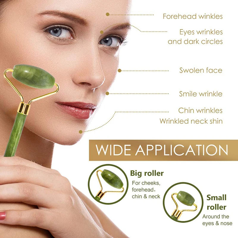 Green jade face roller on cheek with gold frame and rounded stone head