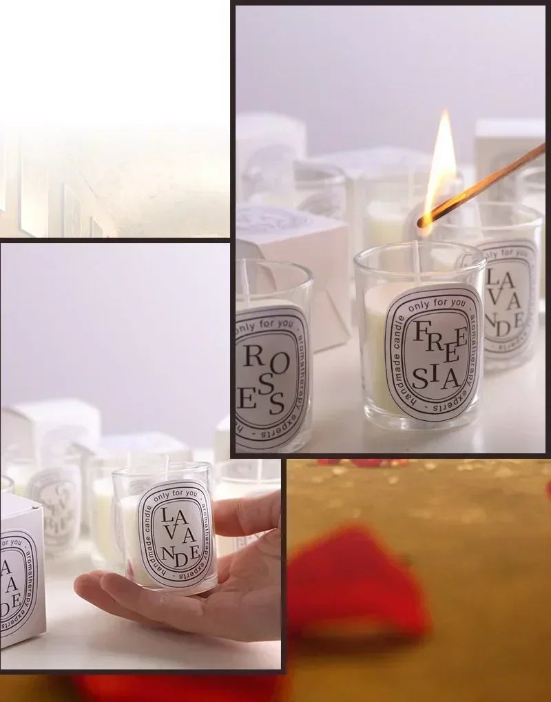 Ensemble de bougies en verres, une avec flamme et boîte LA VANTE