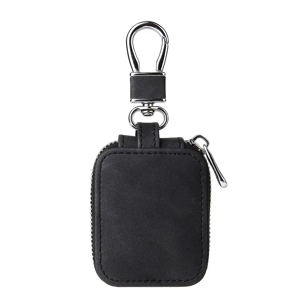 Universal leather earphone case, dark black with metal clip and keyring attachment
