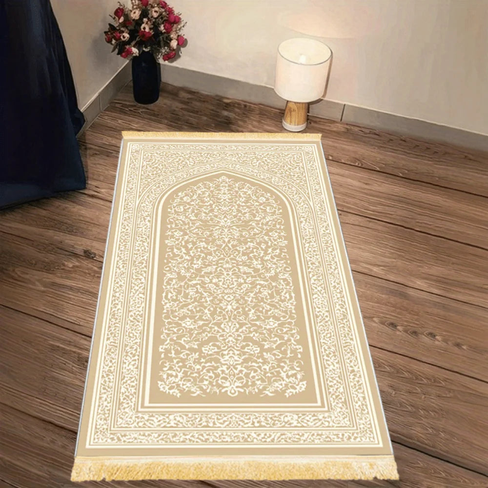 Cream and gold prayer rug with ornate arch medallion and gold-fringe border