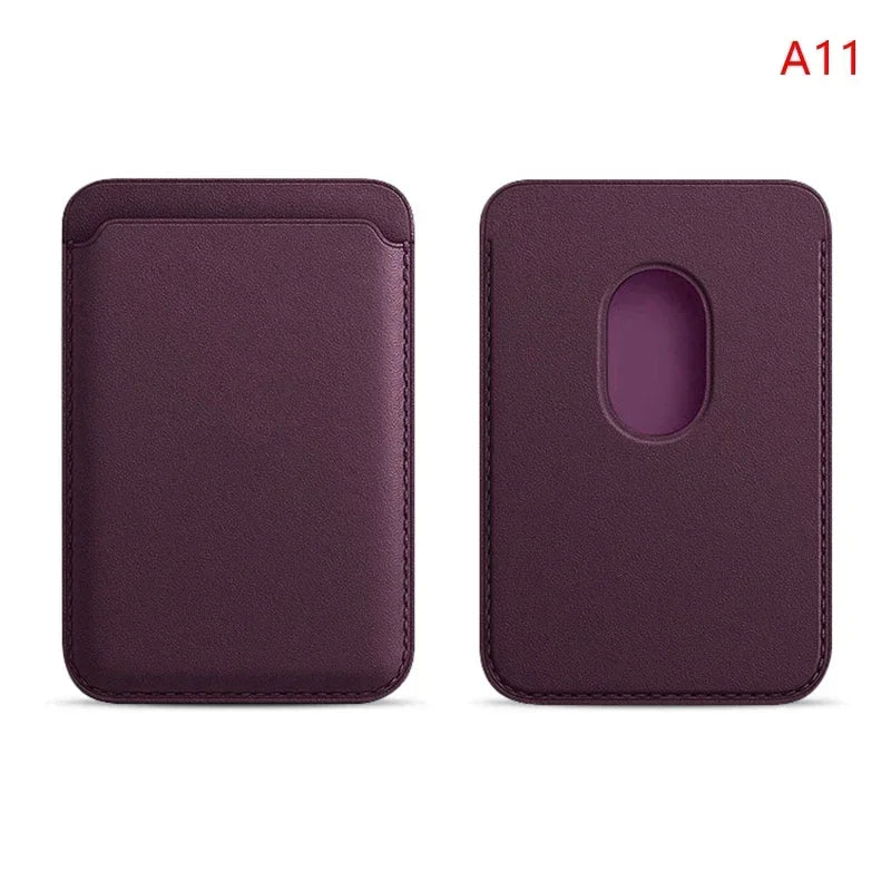 Magnetic wallet in dark purple leather, front view with top slot detail