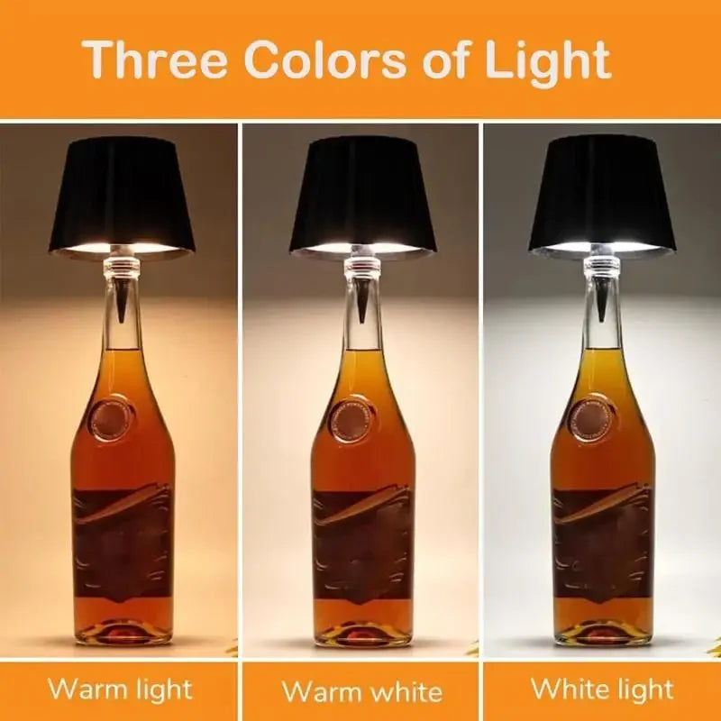 Black lampshade wine bottle LED lamps showing warm and white light options